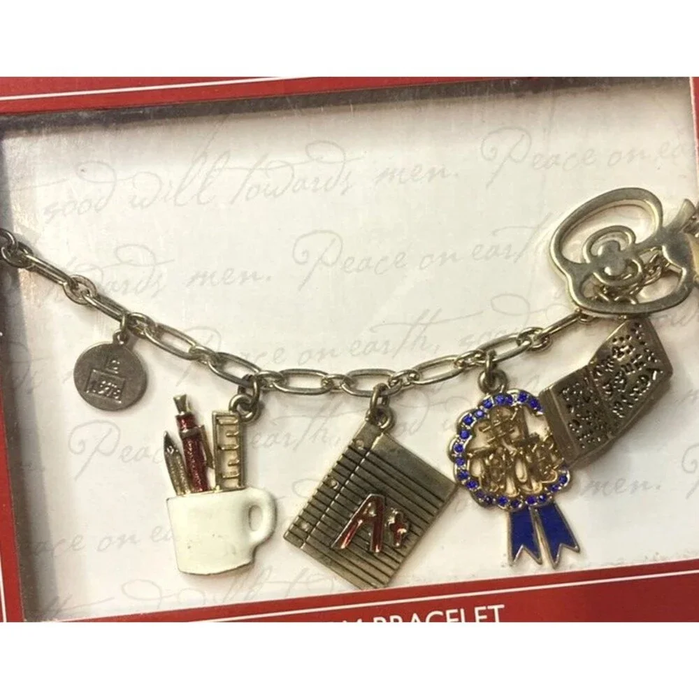 Teacher charm bracelet apple books paper cup pencils NIB Claiborne boho cute